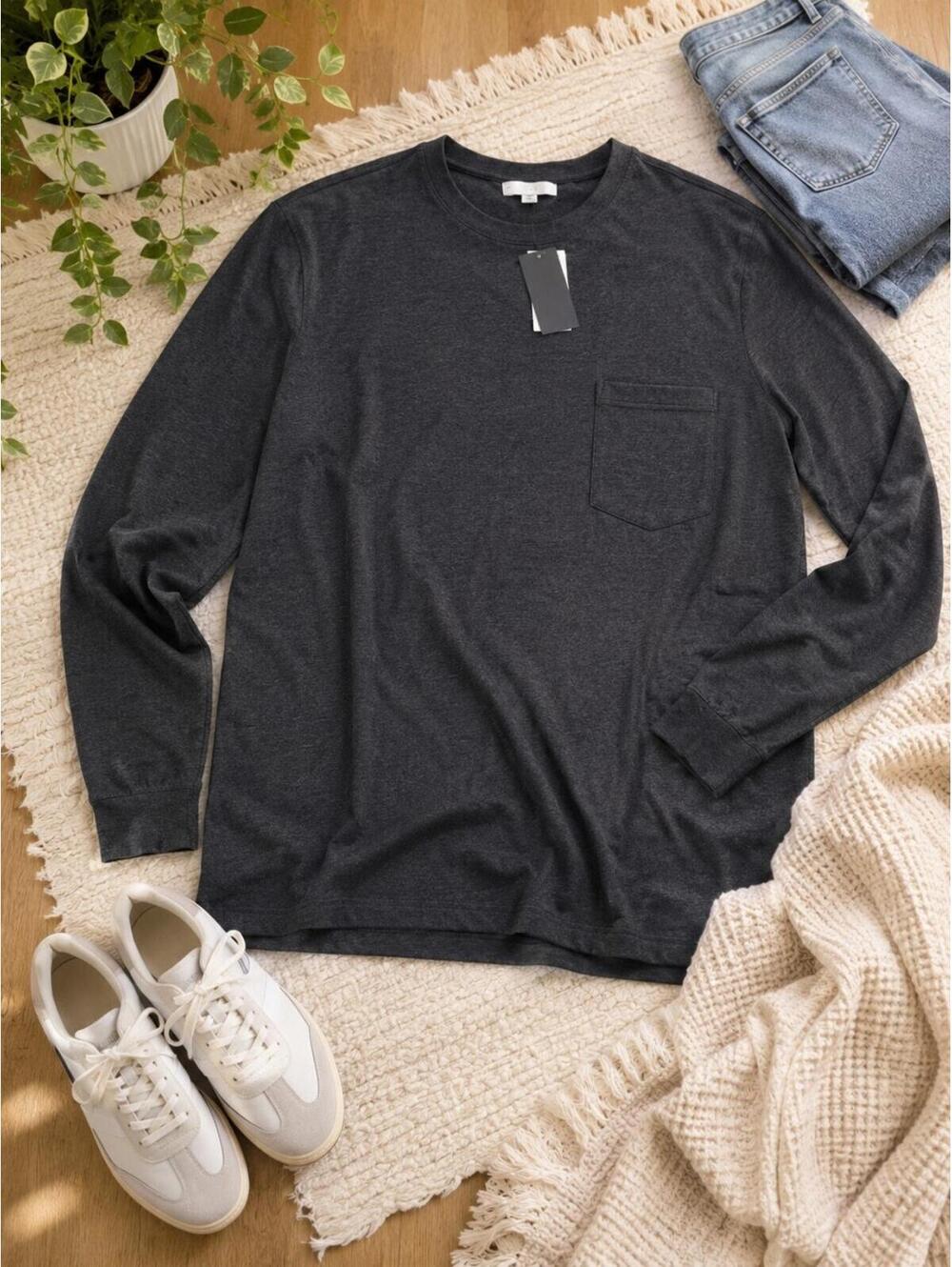 And Now This Men's XXL Long Sleeve Pocket T Shirt Black Heather Crew Neck NWT